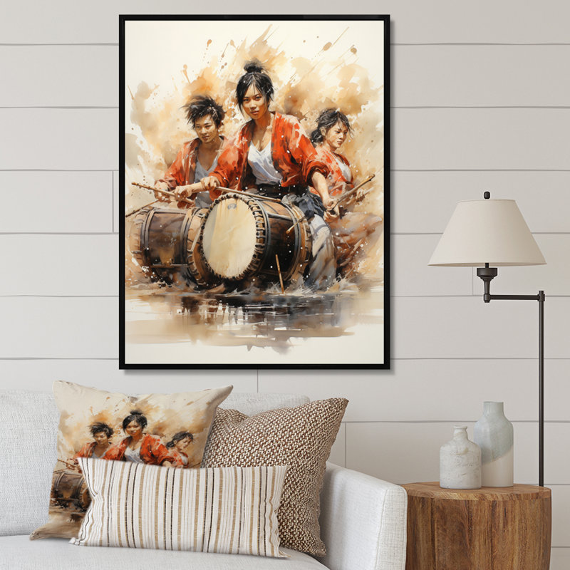 «Deaneen Japon Art Taiko Drumming» sur toile, H 32 po x l 16 po x P 1 po, Cadre flottant noir