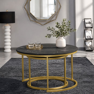 Ensemble de 2 tables basses gigognes 27,6 po, plateau de table rond en marbre et structure en métal robuste, tables d'appoint de table de bout pour le salon, la chambre et le balcon