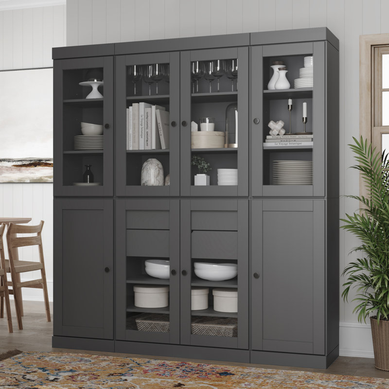 Vaisselier 100% bois massif 65 po avec verre transparent, portes Shaker, 2 tiroirs et tablettes réglables, Gris