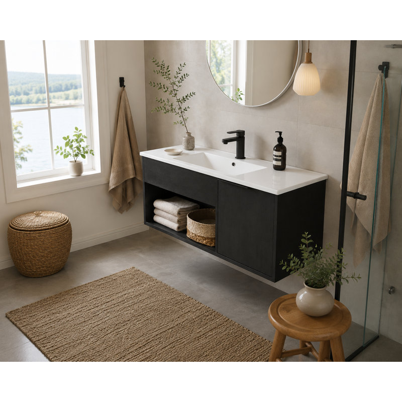 Meuble-lavabo flottant mural 36 po avec lavabo en céramique 36 po - Armoire moderne en chêne foncé avec tablette ouverte et porte à fermeture en douceur, rangement spacieux (robinet et drain non inclus)