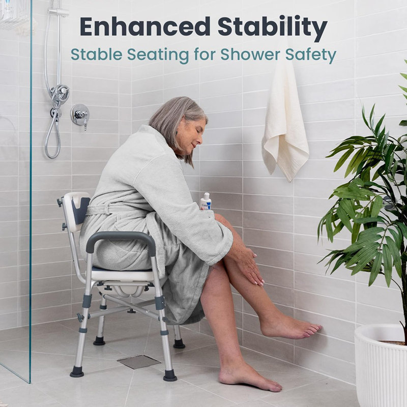 Chaise de douche robuste en forme de U avec accoudoirs et dossier rembourrés, siège de bain réglable, bleu