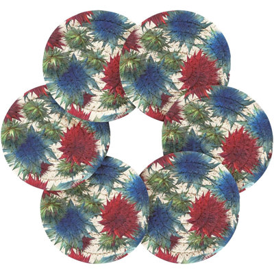 Colorful Flowers Drink Coasters With Holder 6 Pcs Absorbent Cotton Woven Coasters For Drinks Heat-Resistant Cup Mat For Home Decor Table Protection