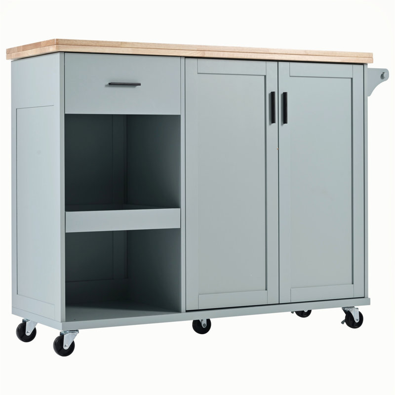 Îlot de cuisine polyvalent avec plateau pliable et grand espace de rangement, Bleu gris