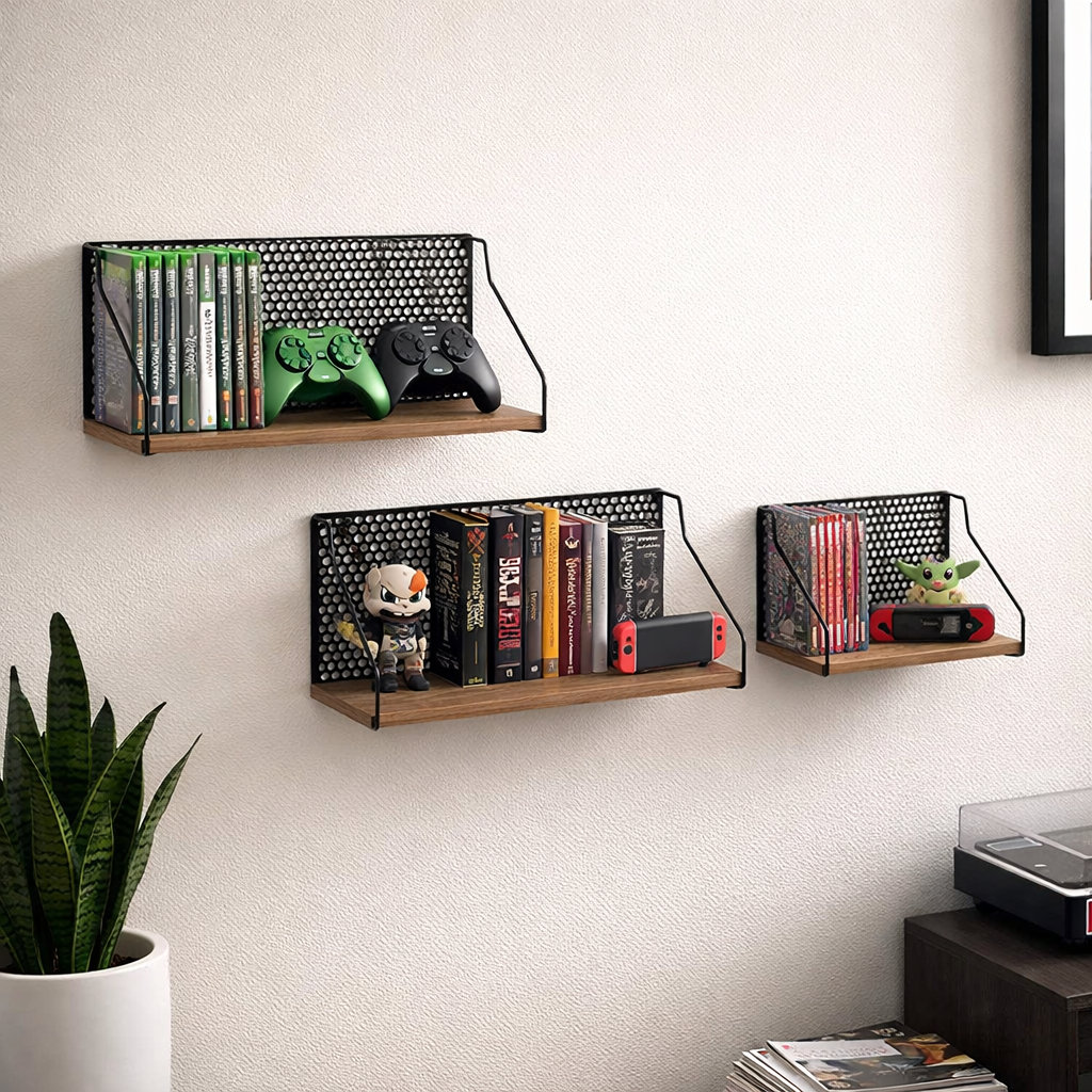 Tilleul Metal and Wood Wall Storage with Perforated Iron Backing, 24" Brown Boho Shelves for Home, Office, Bedroom, Living Room 17 Stories