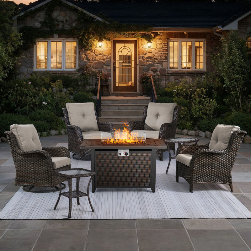Wendye 7-Piece Outdoor Set With Fire Pit Table, Swivel Chairs & Side Tables For Patio, Beige