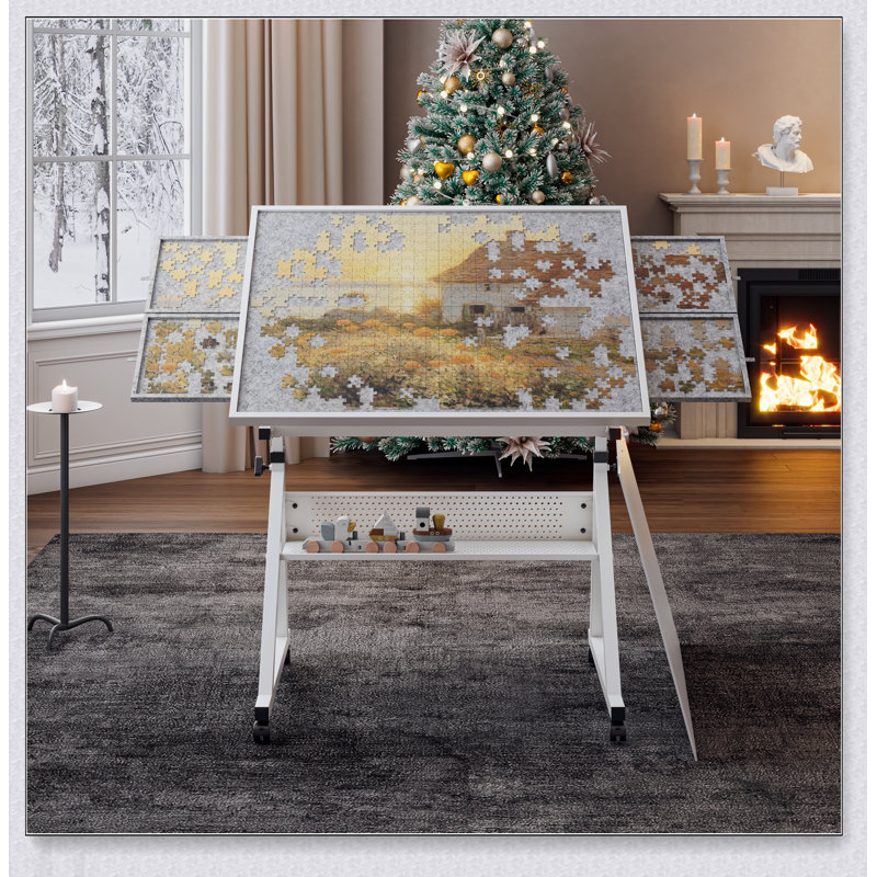 Table de casse-tête à hauteur et angle réglables avec 4 plateaux, housse en bois et tablette de rangement en métal pour adultes