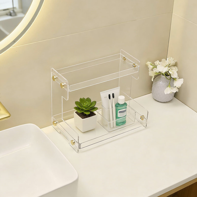 Organisateur de comptoir de salle de bain à 2 niveaux en acrylique, tablette de rangement polyvalente pour cosmétiques, parfums, articles de toilette et épices, conception peu encombrante pour meuble-lavabo, chambre à coucher et cuisine