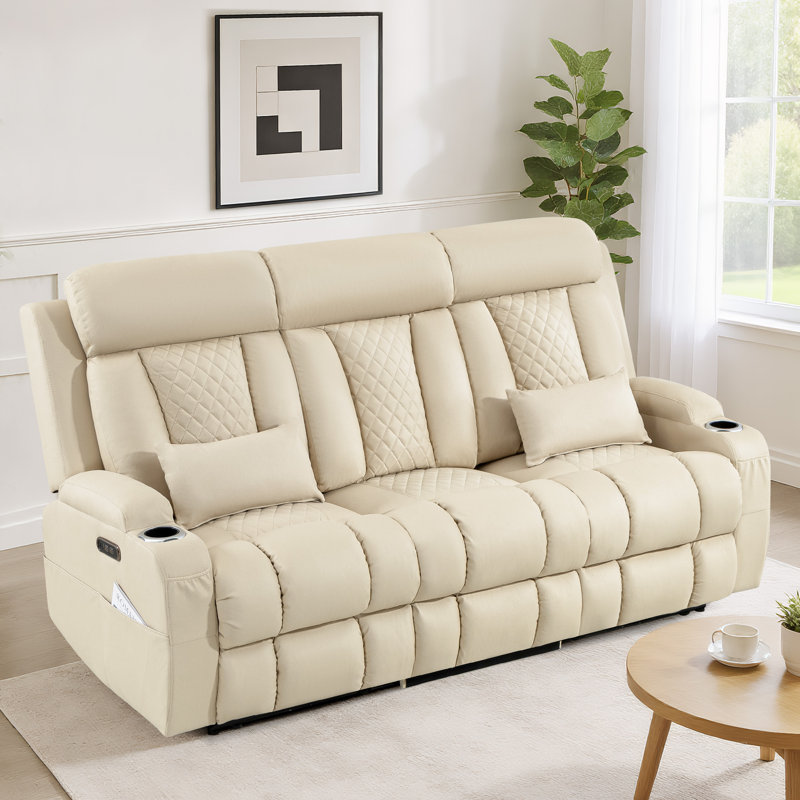zero clearence recliner  Power Reclining Sofa With Manual Adjustable Headrest, 80" 3-seater Couch With Flip-down Table, Integrated Charging, Usb & Type-c Ports, Cup Holders For Living Room, Home Theater, Rv