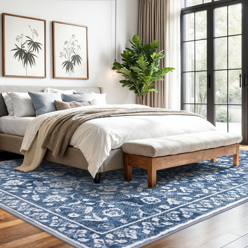 Blue Machine Washable Rugs for Bedroom Non-Slip Low Pile Throw Rugs with Rubber Backing Washable Carpet, Rectangle 8' x 10'