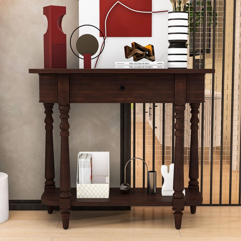 Farmhouse Narrow Wood Console Table with Drawer, Open Shelf and Curved Corner Design, Espresso