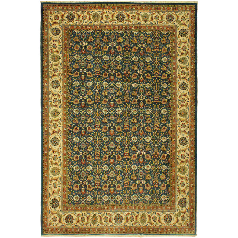 Tapis vert / ivoire en laine noué à la main 9 pi 2 po x 11 pi 7 po Abagail