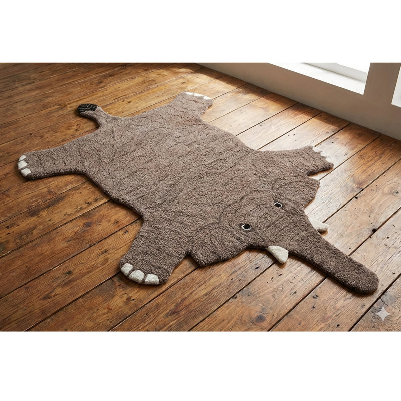 Tapis en velours brodé éléphant Asana, Brun