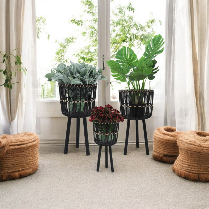 Neutral Boho Wicker Planter Stand Set, Versatile Indoor Garden Decor, 3 Piece, Black