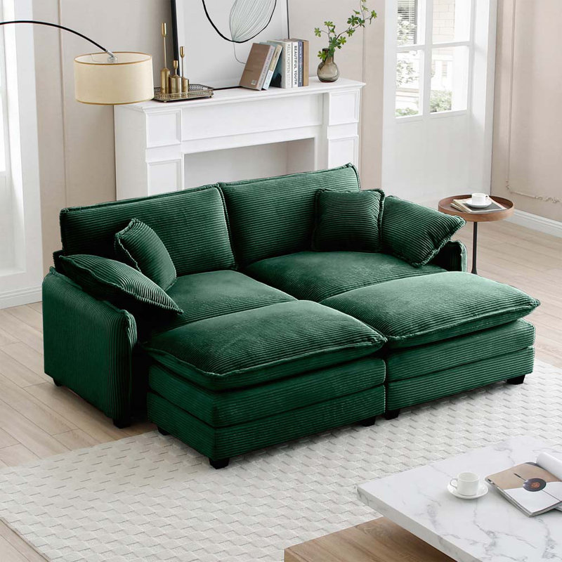 Canapé 2 places avec repose-pieds Corduroy, Vert