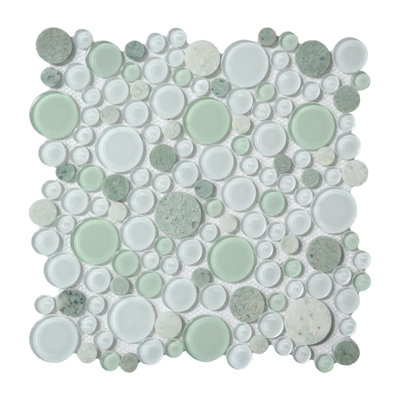 Green & White Pebble Round Glass And Marble Mosaic Tile For Kitchen Backsplash And Bathroom Wall