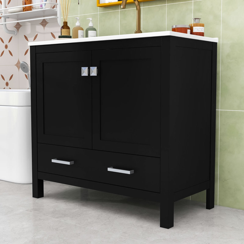 Modern Bathroom Vanity with Ceramic Sink, Soft-Close Doors and Divided Drawer, Black/White