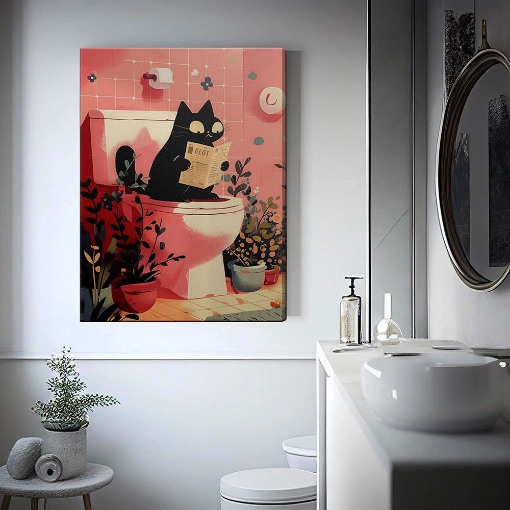 Bloomsbury Market Funny Black Cat Bathroom Canvas Wall Art Cat On ...