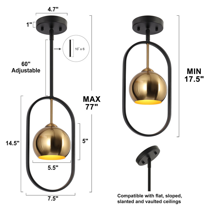  Christobal 1 - Light Single Small Globe Kitchen Island Pendant with Brass Metal Shade, Black/Brass