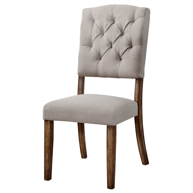 Set Of 2 Beige Tufted Back Side Chairs With Weathered Oak Finish, Rustic Dining Room Seating, Brown