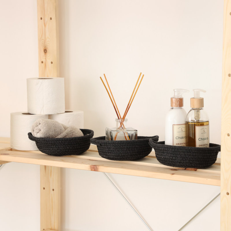 Ensemble de paniers en coton fait à la main (3 pièces), corde de jute noir, 5,9 x 5,9 x 2,4 pouces | 100% coton, solution de rangement élégante pour la salle de bain et l'organisation à la maison | Conception durable et écologique