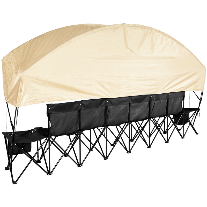 Banc pliant à six places avec parasol, poches de rangement, porte-gobelets et protection solaire complète, sièges confortables pour les activités de plein air, 6 sièges portatifs, pochettes, conception unique, aucun assemblage requis