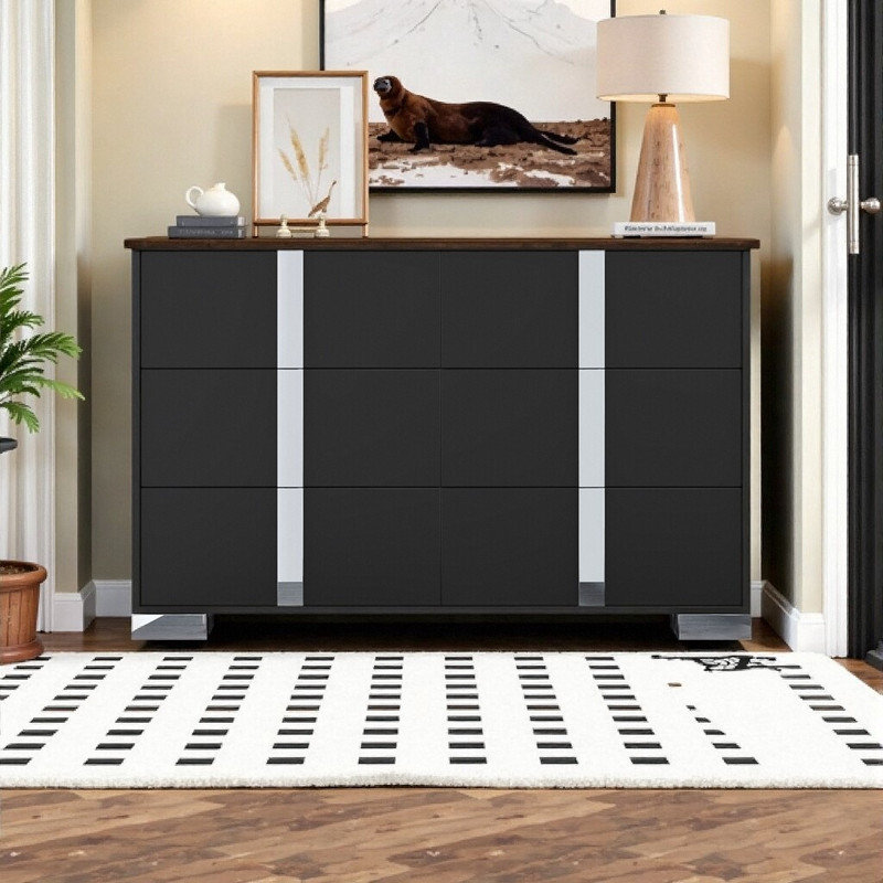 Commode 6 tiroirs 47 po, armoire de rangement en MDF avec détails en métal, Noir