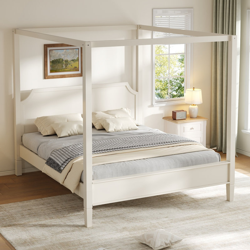 Lit plateforme à baldaquin en bois avec tête de lit et pieds de support, Queen, Blanc crémeux