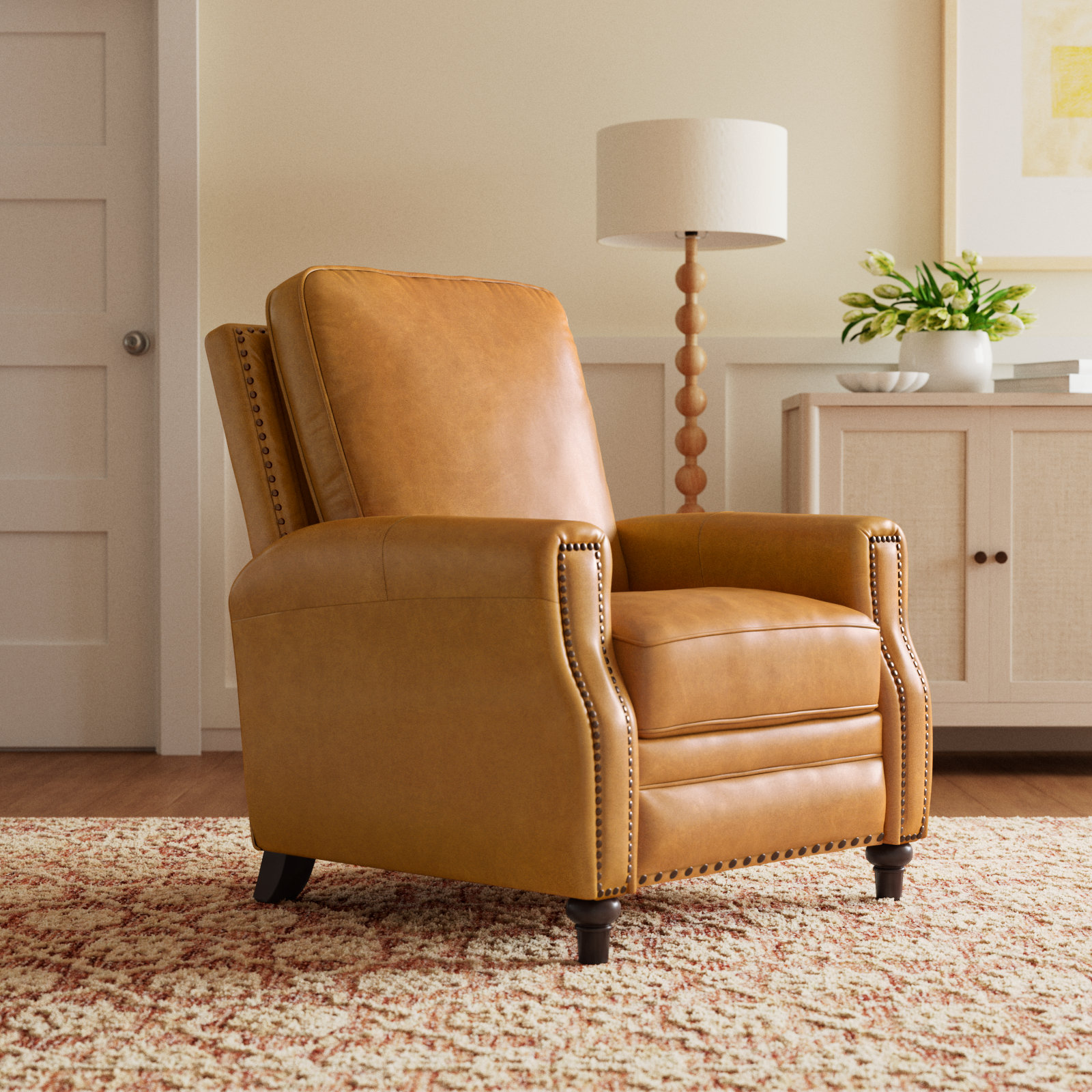 Andrena 33" Genuine Leather Manual Recliner, Camel Top Grain Leather