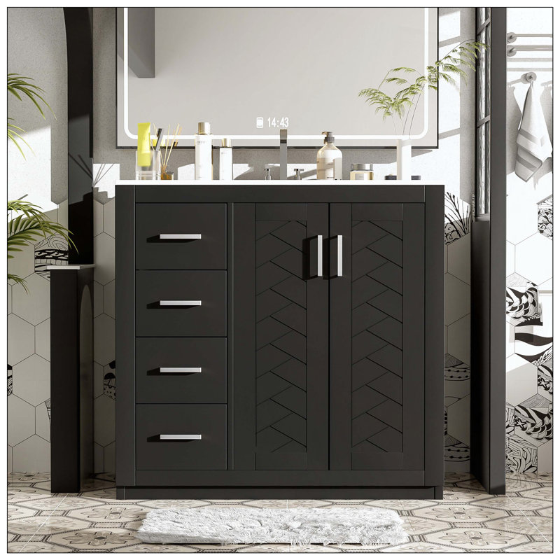 Meuble-lavabo autoportant à 3 tiroirs en céramique, Black