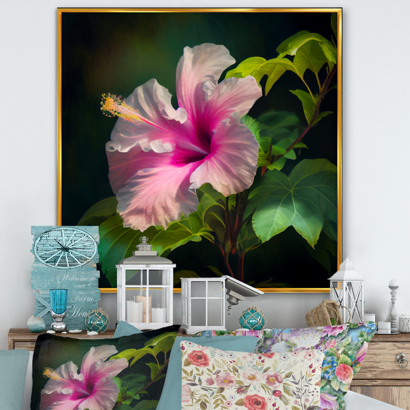 Blooming - Hibiscus rose et blanc III - impression, H 24 po x l 24 po x P 1 po, Toile avec cadre flottant or