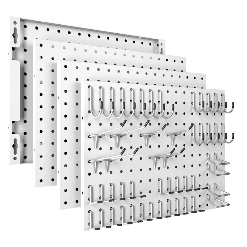 Ensemble de 4 panneaux perforés métalliques avec 50 crochets, Blanc