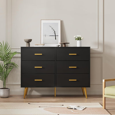 Modern 6-Drawer Wood Dresser with Gold Handles – White & Black Chest for Bedroom, Living Room, Hallway, or Entryway by George Oliver