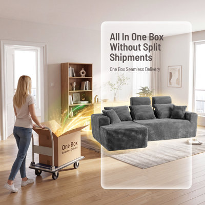 96" L-Shaped Cloud Sectional Sofa with Chaise, Modular Couch for Living Room, Corduroy Upholstered Boneless Sofa with 2 Extender Headrests, Gray