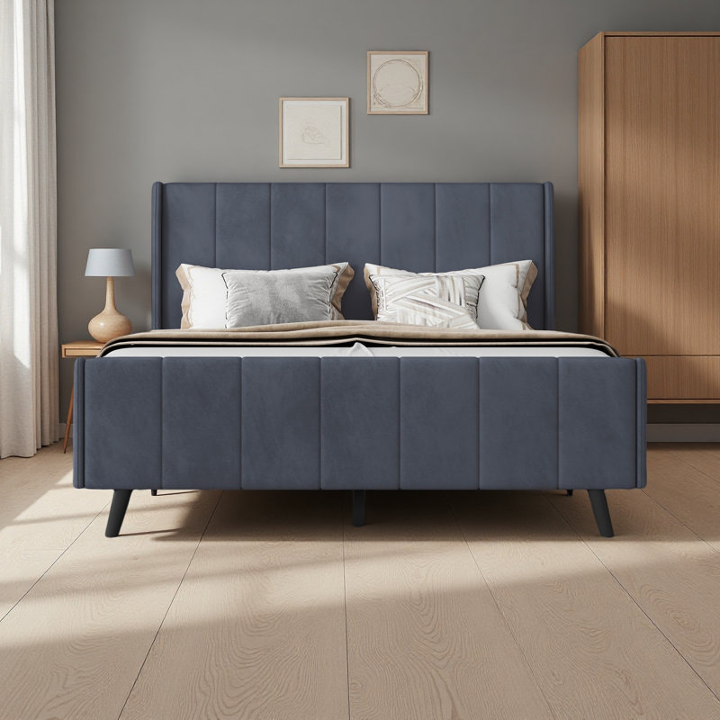 Lit plateforme tapissier, velours, Gris, Lit double
