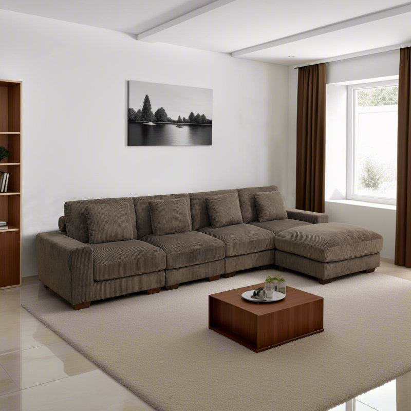 Canapé modulaire avec 2 repose-pieds 123 po Frazey, Velours côtelé brun