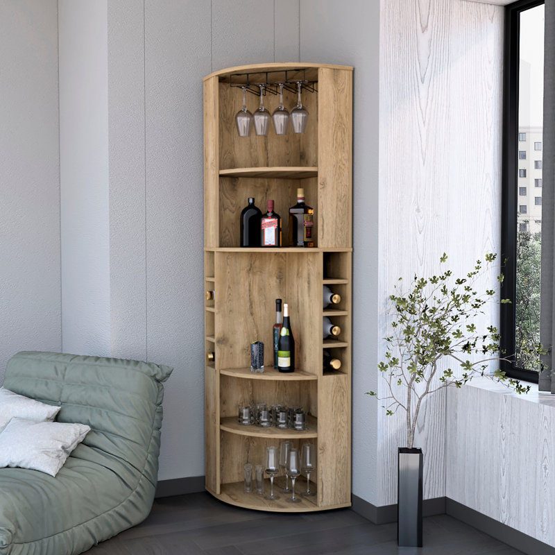 Corner Bar Cabinet With 5 Shelves - Enhance Living Room Decor Brown Finish, 8 Wine Bottle Slots 5 Wood, 13 Included, Natural