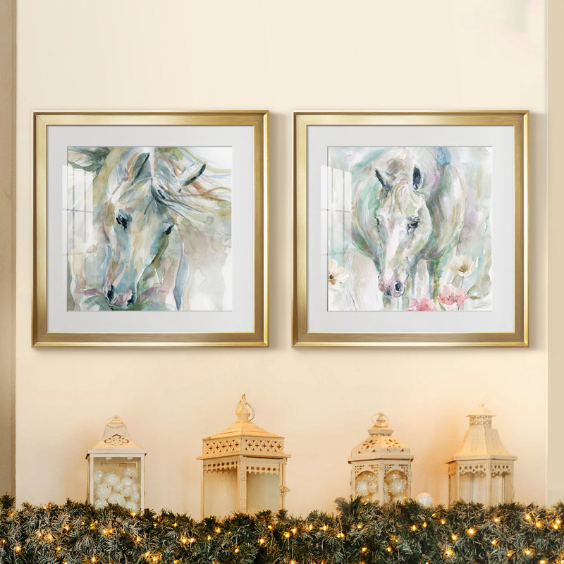 «Exuberant Spirit», ensemble de 2 reproductions d'art, H 17,5 po x l 35 po x P 1,5 po, Papier encadré doré, Blanc