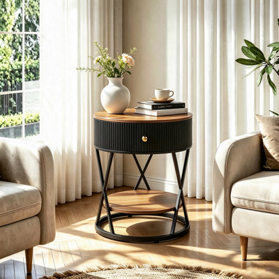 Table de bout ronde à 2 niveaux avec tiroir