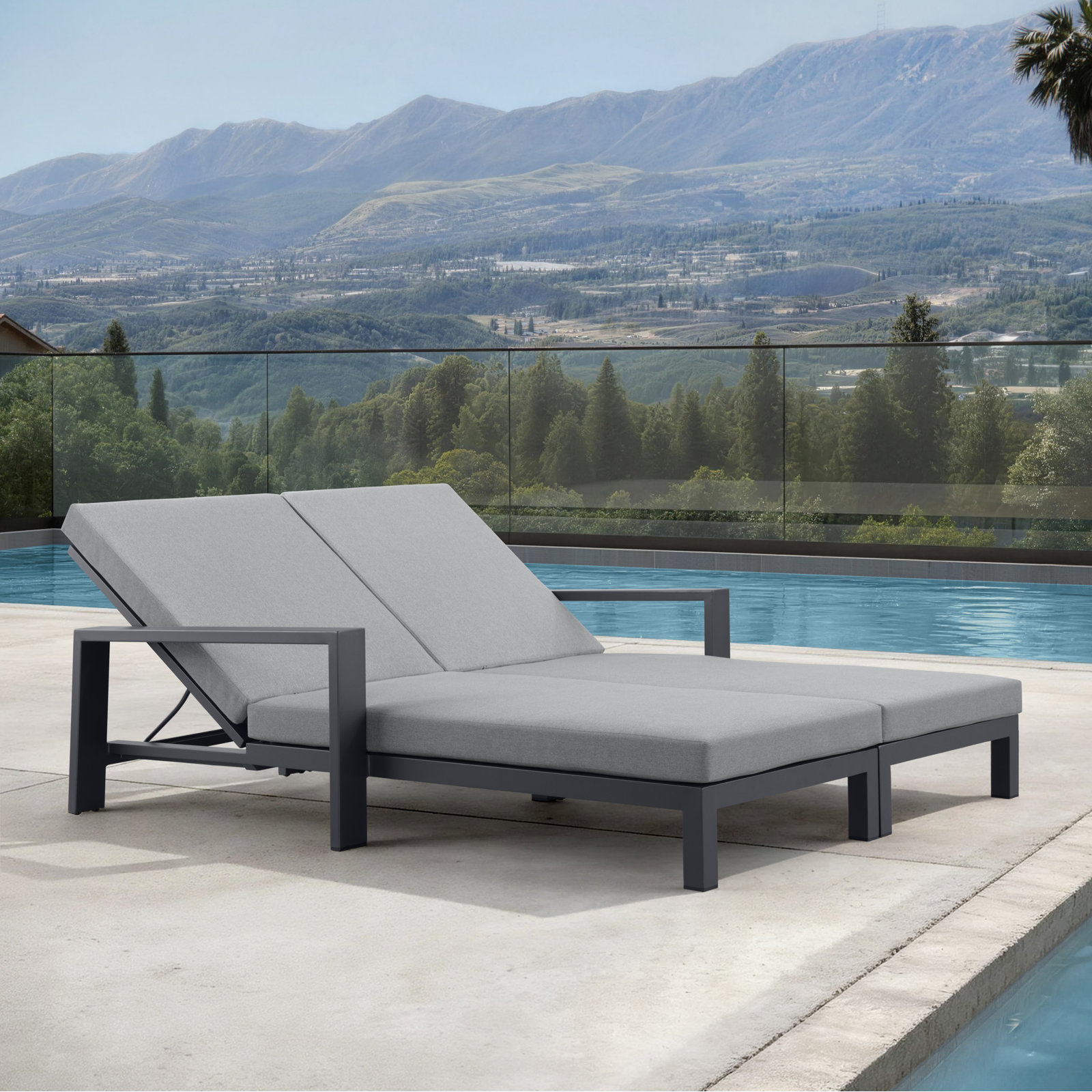 Hoyt Outdoor Metal Double Chaise Lounge, Flint Gray Cushion/Slate Black Frame