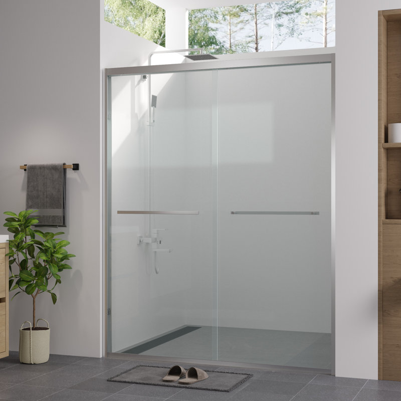Porte de douche coulissante en aluminium de 74 po de hauteur avec installation réversible, poignée en acier inoxydable, imperméable et sécuritaire dans la salle de bain 56 - Quincaillerie double de 60 po x 74 po, rouille