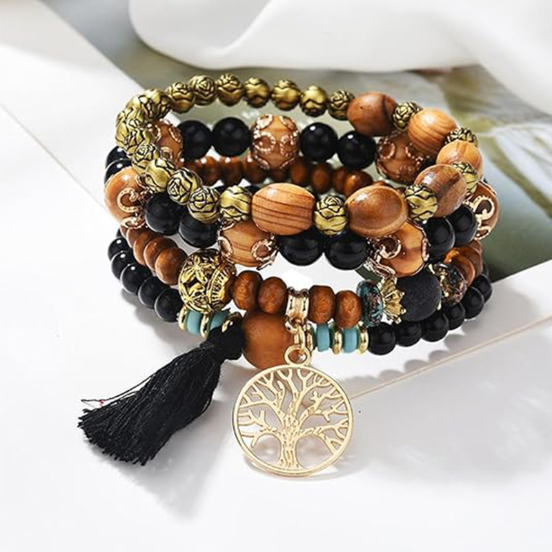 4 In1 Handmade Tree & Tassel Charms Beads Multilayer Bracelet Vintage Wrap Bracelet For Women Female, Black