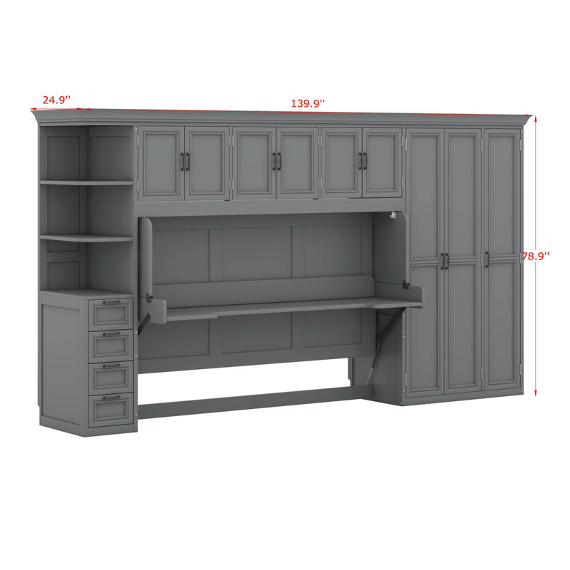 Lit escamotable simple avec bureau, lit mural pliable en bois multifonctionnel avec garde-robe, tiroirs et armoire, gris