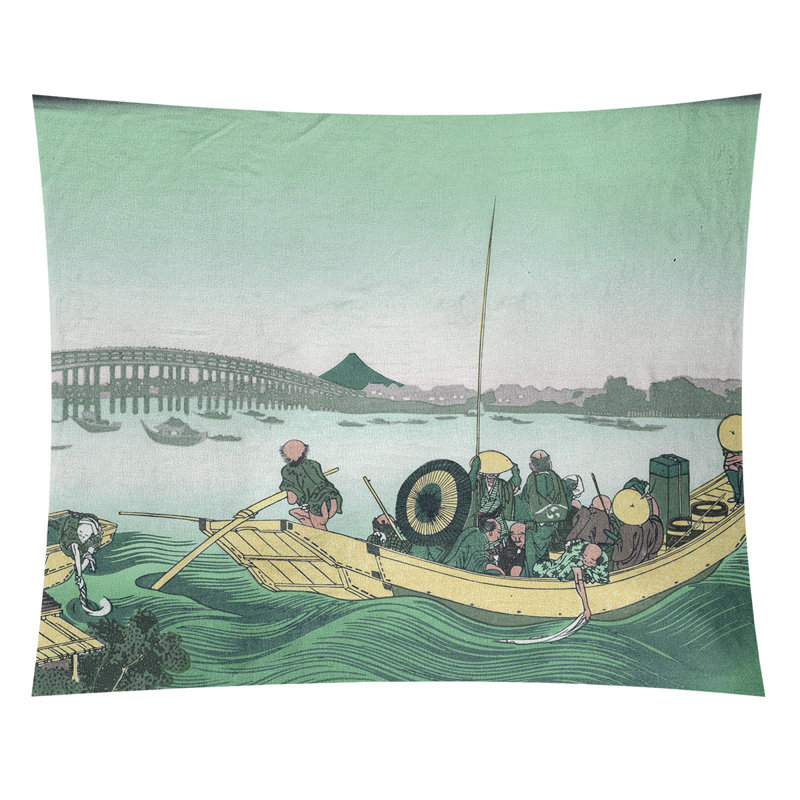 Tapisserie murale coucher de soleil sur le pont Ryogoku, H 107,5 po x l 91 po, Vert