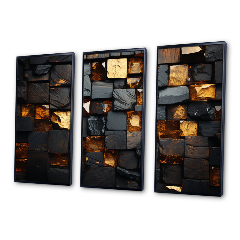 Cubes dorés abstraits géométriques III - art mural géométrique, Cadre flottant noir, H 40 po x l 61 po x P 1 po