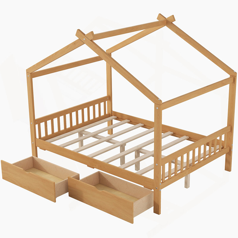 House Platform Bed with Two Drawers, Natural
