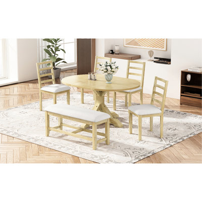 6 Dining With Extendable 60-inch Oval Table, 18-inch Removable Leaf, Pedestal Legs, 4 Back Chairs And 44-inch Bench, Natural + Beige 6 - Piece Modern