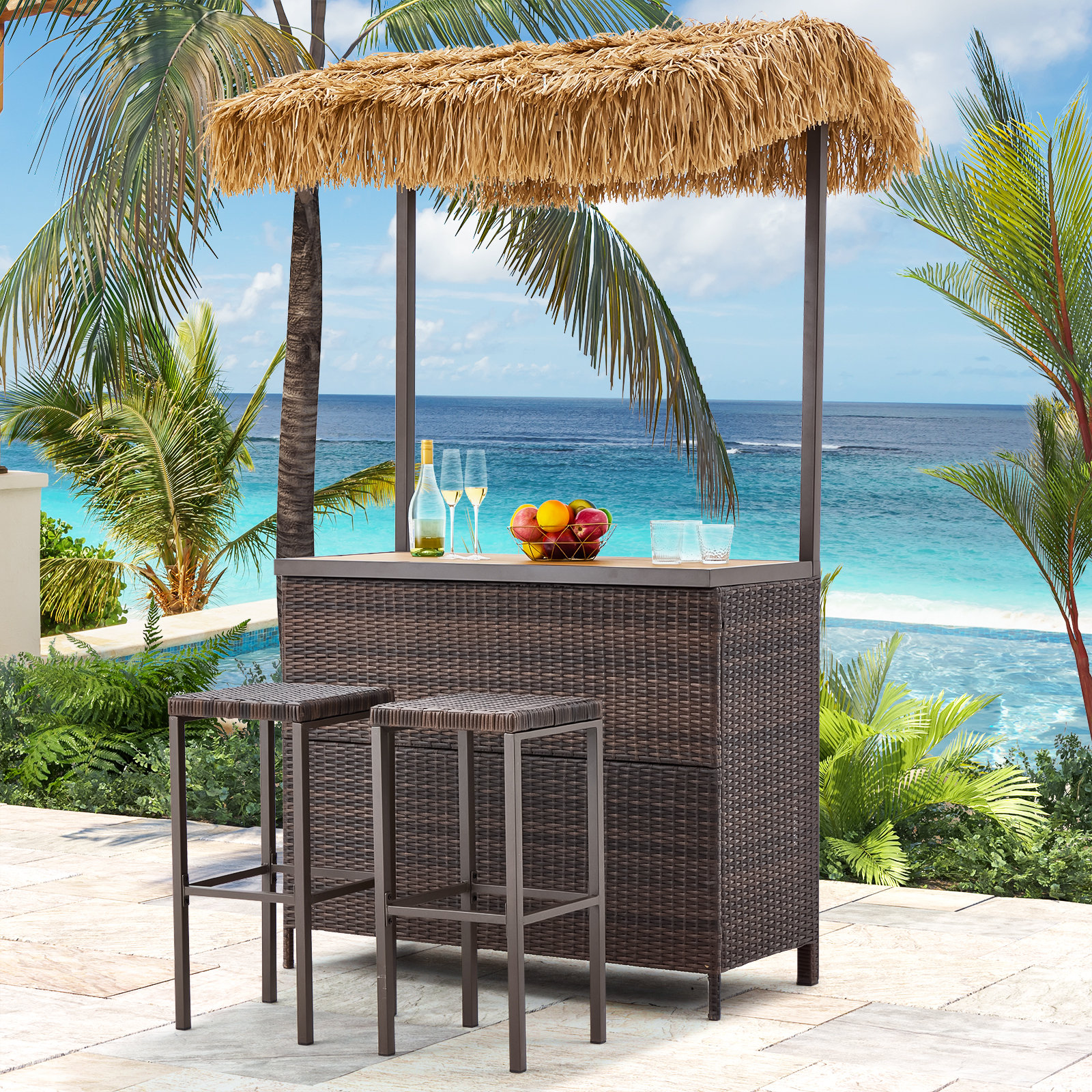 Bay Isle Home™ Outdoor Tiki Bar Set, Wicker Patio Bar w/2 Stools, Storage Shelf for Backyard Poolside Garden & Reviews | Wayfair
