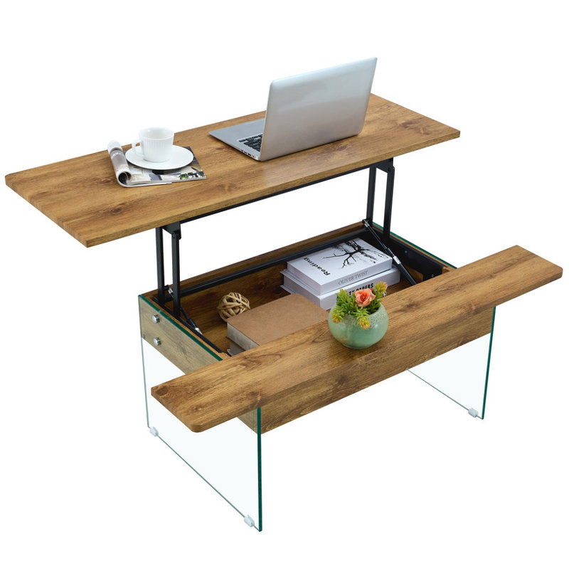 43.3-inch coffee table with height-adjustment function (with storage space) combines rustic style with tempered glass, space-saving design, multiple color options, suitable for living room and office, Natural Wood