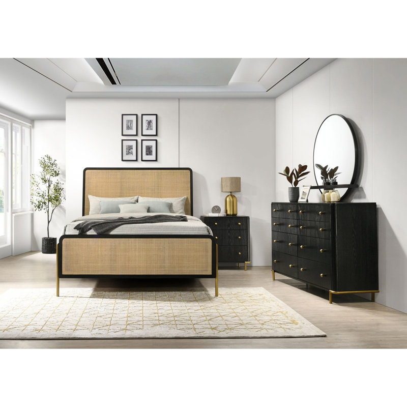 Ensemble de chambre avec grand lit 4 pièces Anser, Grand, Noir + Naturel