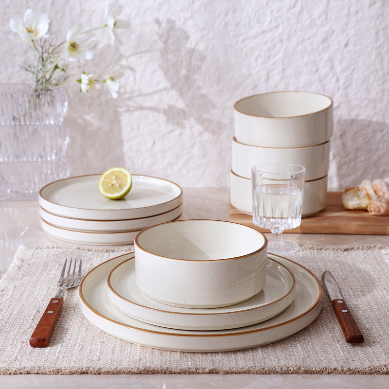  Ensembles de vaisselle et de bols Nebula, 12 pièces, Blanc vanille avec rebord brun